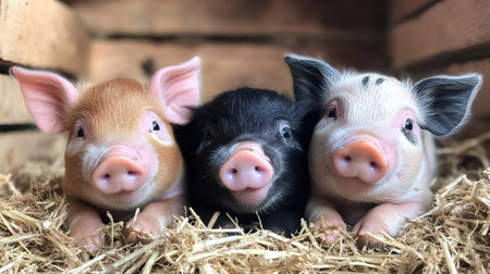 Three adorable piglets relax together on a bed of straw in a cozy wooden enclosure, enjoying each other's companyの素材