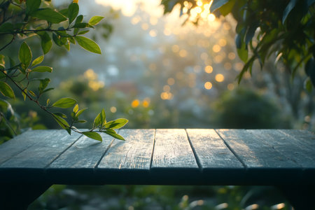 Empty wooden table with green leaves in a garden during sunset with beautiful bokeh effect, ideal for product placementの素材