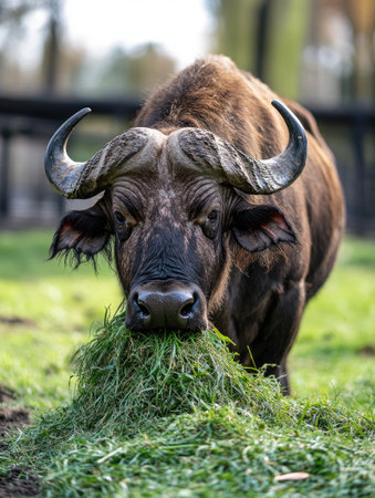 Large majestic water buffalo enjoying a meal of fresh green grass in a peaceful pasture settingの素材