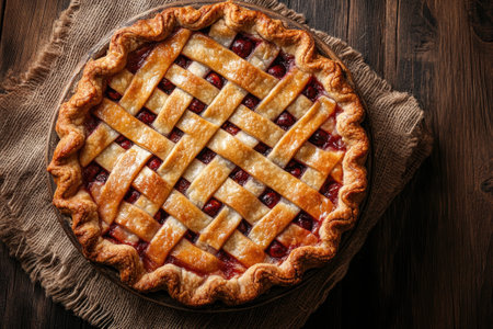 Freshly baked fig pie sits on a wooden table, its golden lattice crust glistening enticinglyの素材