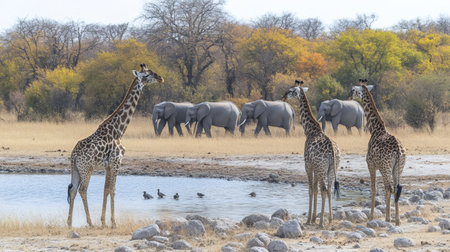 Giraffes and elephants drinking at a waterhole in Etosha National Park, Namibia, creating a stunning wildlife sceneの素材
