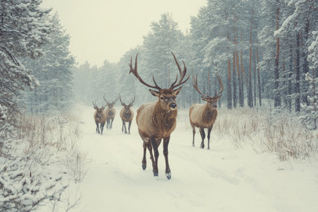 Group of majestic red deer with antlers walking on snowy road in winter forest during snowfallの素材