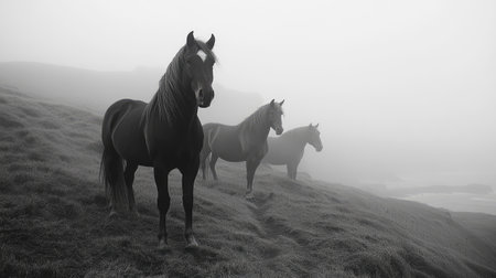 Icelandic horses standing on a misty, foggy hillside overlooking the ocean in Icelandの素材
