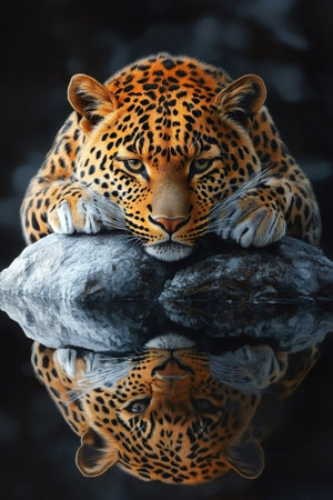 Leopard resting its paws on a rock with its reflection in the waterの素材