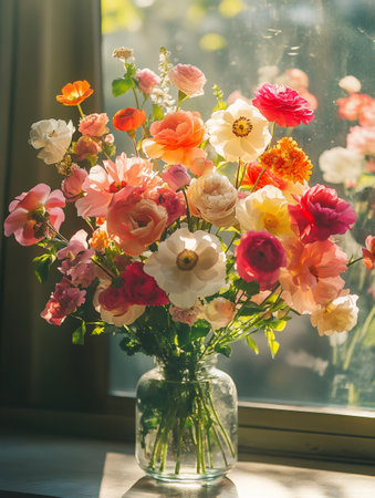 Vibrant bouquet of mixed flowers in glass vase on a sunlit windowsill, creating a cheerful atmosphereの素材