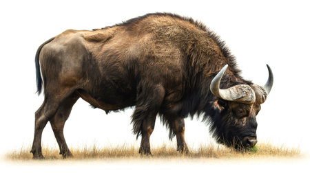 Majestic african buffalo with large horns grazing on dry grass against a clean white backdropの素材
