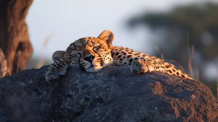 Leopard resting on a rock in the warm light of the setting sun in the African savannahの素材