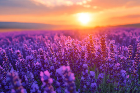 Beautiful lavender field at sunset creating a breathtaking purple landscapeの素材