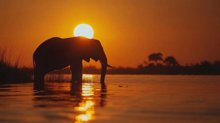 Silhouette of an elephant drinking water in Chobe river at sunset, Botswanaの素材