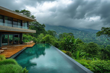 Luxurious infinity pool and modern architecture blend seamlessly with the breathtaking tropical rainforest landscapeの素材