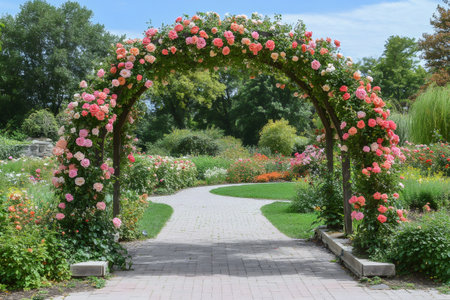 Blooming roses adorn a wooden archway, creating a picturesque entrance to a vibrant garden pathの素材