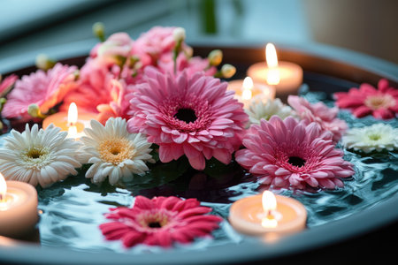 Relaxing spa atmosphere created by floating gerbera flowers and lit candlesの素材