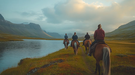 Four tourists are riding horseback near a lake and mountains in Iceland, enjoying the beautiful Icelandic landscapeの素材