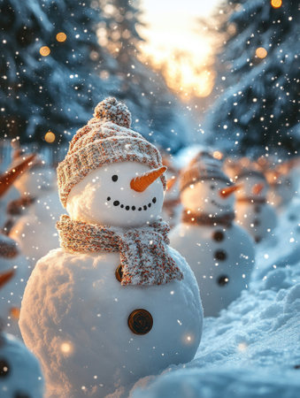 Charming snowman adorned with a knitted hat and scarf stands amidst a snowy forest, capturing the magic of winterの素材