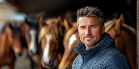 Portrait of a confident male horse breeder standing in stable with horses in backgroundの素材