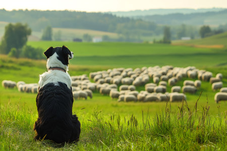 Border collie sheepdog sitting in grass and watching over flock of sheep grazing in green meadowの素材