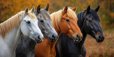 Four horses of different colors standing together in a field with autumn foliage in the backgroundの素材