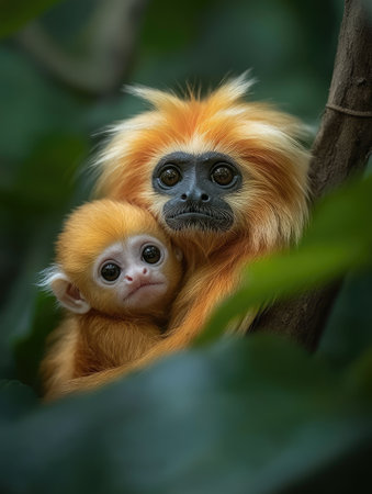 Golden lion tamarin mother tenderly holding her adorable baby, showcasing the strong bond within this endangered primate speciesの素材