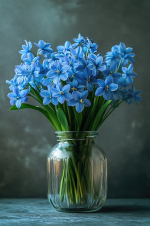 Beautiful bouquet of bluebells flowers in a glass vase on a dark background, creating a serene and elegant atmosphereの素材