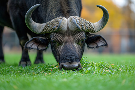 Majestic African buffalo with large horns enjoys a meal of fresh green grass in a serene natural settingの素材