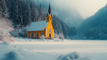 Beautiful yellow church standing out against snowy winter landscape and forestの素材