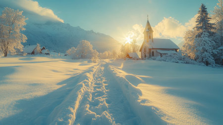 Footprints marking a path through deep snow towards a church in a mountain village at sunset, creating a serene winter wonderlandの素材