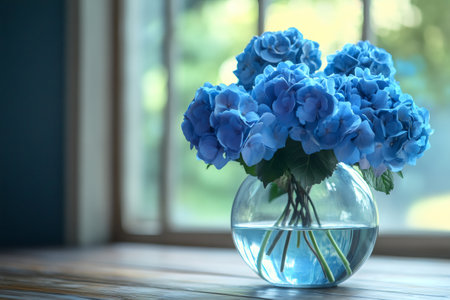 Beautiful bouquet of blue hydrangea flowers in a glass vase sits on a wooden table by a window, creating a serene and inviting atmosphereの素材