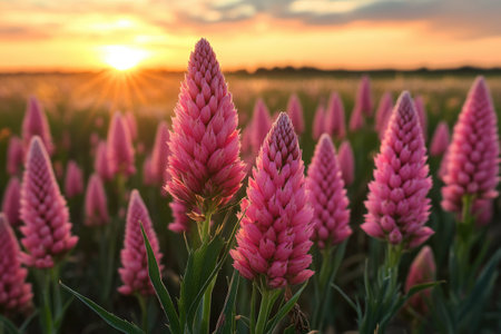 Pink lupine flowers blooming in a field during a beautiful sunset, creating a picturesque natural landscapeの素材