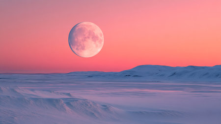Minimalist snowy landscape with huge moon rising above mountains at sunsetの素材