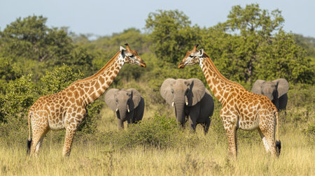 Two giraffes are standing face to face in the African savanna, with a group of elephants in the backgroundの素材