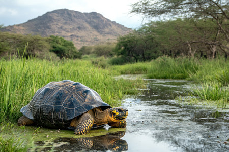 Giant tortoise resting near a pond in a green landscape with mountainsの素材