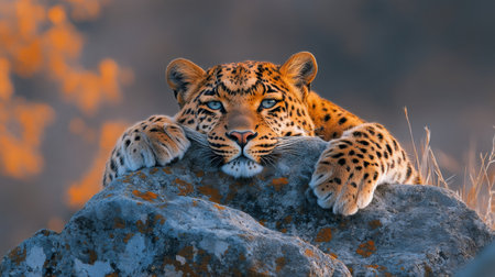 Powerful leopard resting its paws on a rock, gazing intensely with striking blue eyes against a blurred sunset backgroundの素材