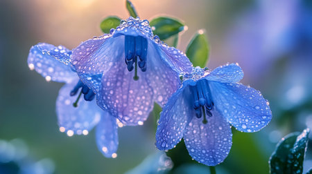Close-up of bluebell flowers covered in sparkling dewdrops, illuminated by the warm glow of morning sunlightの素材