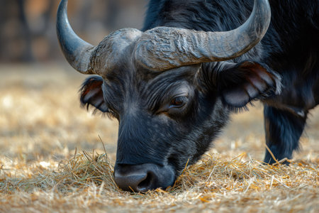 Close-up of an African buffalo with large horns eating dry grass in the African savannahの素材