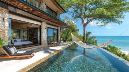 Infinity pool with hammock overlooking a beautiful tropical ocean at a luxurious modern villaの素材