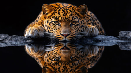 Leopard resting near water with its reflection showing, creating a captivating image of wildlifeの素材