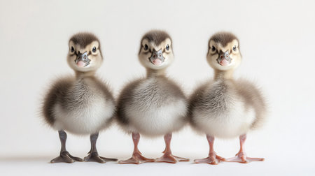 Three adorable baby wood ducks are standing side by side against a seamless white backdropの素材
