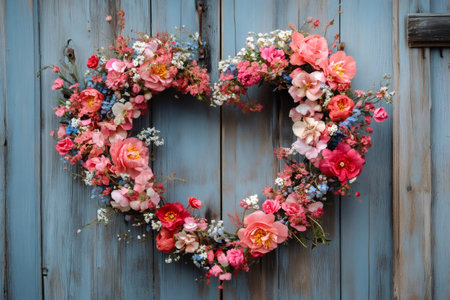 Beautiful heart-shaped wreath made of colorful flowers hanging on a weathered blue wooden door, adding a touch of romance and charmの素材