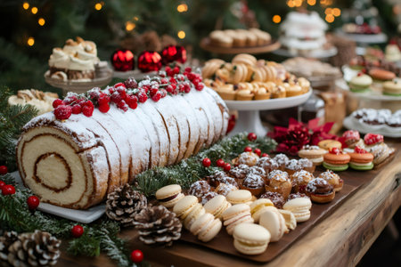 Delicious Christmas desserts like yule log, macarons, and other festive treats arranged on a decorated tableの素材