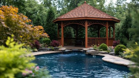 Beautiful backyard featuring a swimming pool, wooden gazebo, and lush landscaping, creating a serene and inviting atmosphereの素材