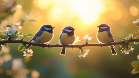 Three small birds perching on a branch of a blossoming tree at sunset, creating a peaceful and serene springtime sceneの素材