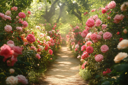 Beautiful garden path lined with colorful roses, illuminated by sunlight filtering through treesの素材