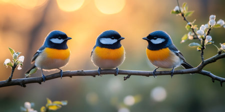 Three colorful birds are perching on a branch of a blossoming tree at sunset, creating a peaceful and vibrant sceneの素材