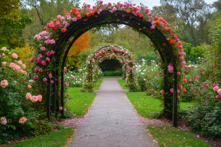 Scenic pathway lined with rose bushes and archways covered in colorful flowers creating a romantic atmosphereの素材