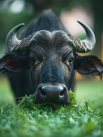 Large majestic water buffalo enjoying a meal of fresh green grass in a peaceful pasture settingの素材