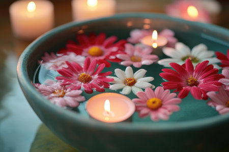 Relaxing spa atmosphere created by floating gerbera flowers and lit candlesの素材