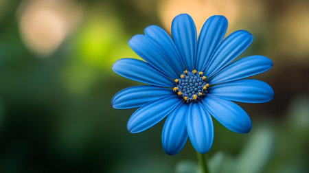 Blue daisy flower head with yellow center growing outdoors in a natural environmentの素材