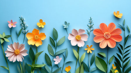 Colorful handmade paper flowers and leaves arranged on a blue background, creating a vibrant and cheerful spring garden sceneの素材