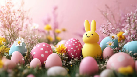 Cute yellow easter bunny surrounded by colorful dotted eggs nestled in grass and flowers, celebrating the arrival of springの素材