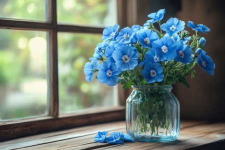 Vibrant blue nemophila flowers in glass vase on window sill, creating peaceful, nature-inspired home decorの素材